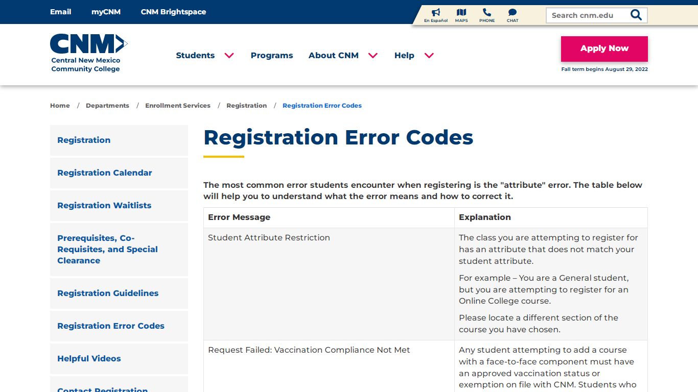Registration Error Codes — CNM